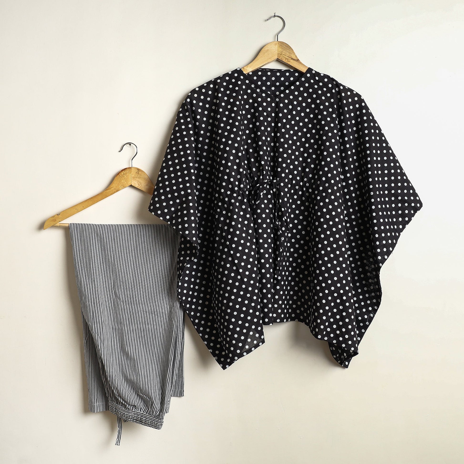 Black - Hand Printed Cotton Kaftan & Pyjama Night Suit Set