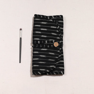 Black - Ikat Fabric Multipurpose Segmented Make-up Brush Wrap Pouch/Case