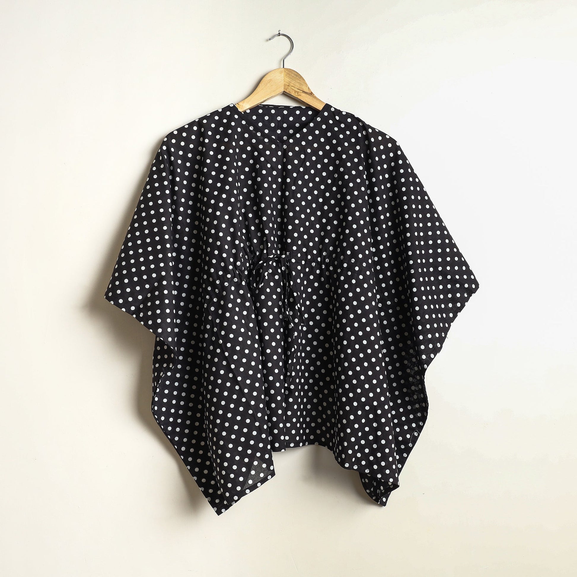 Black - Hand Printed Cotton Kaftan & Pyjama Night Suit Set