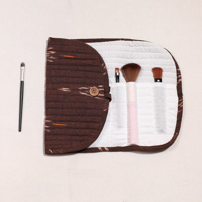 Brown - Ikat Fabric Multipurpose Segmented Make-up Brush Wrap Pouch/Case