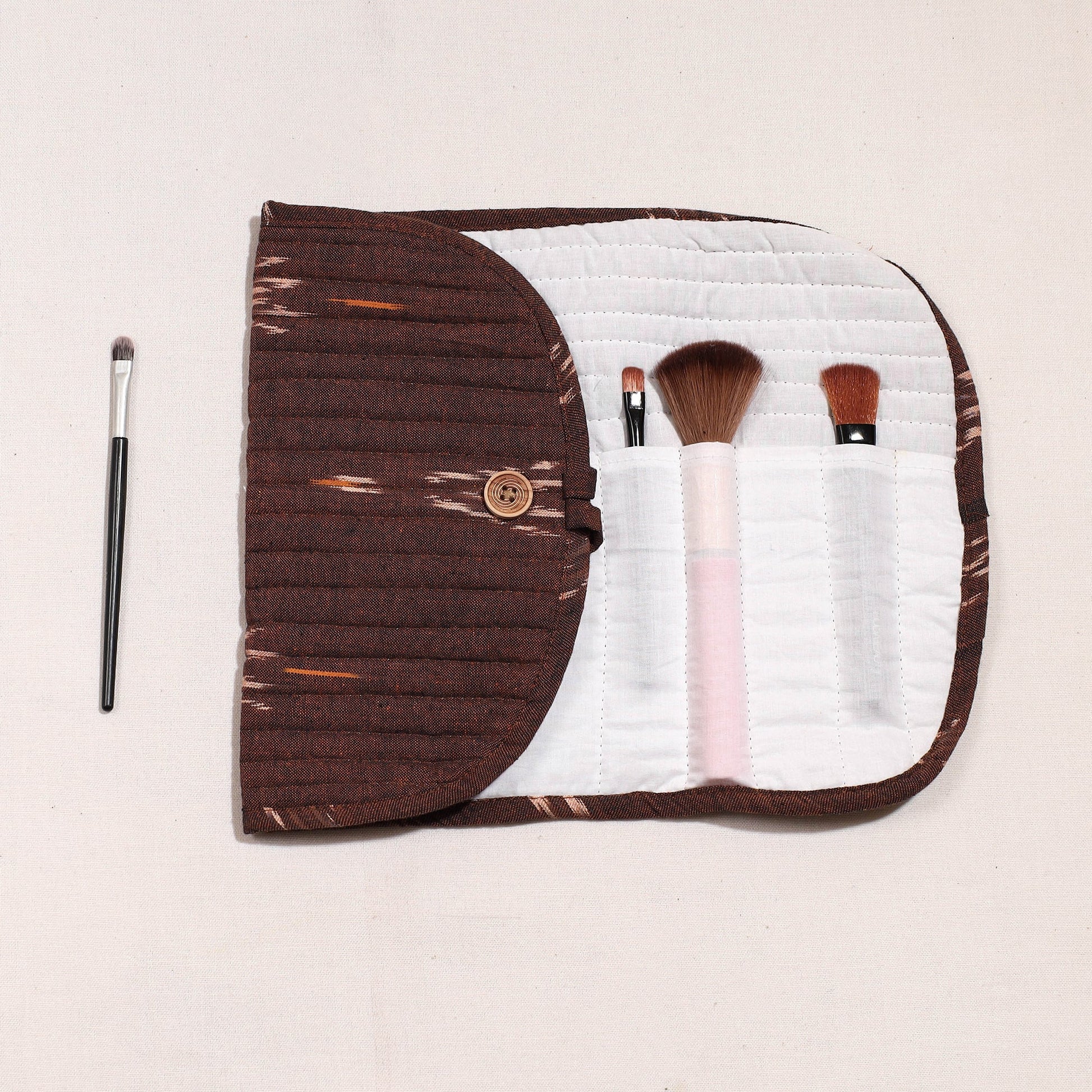 Brown - Ikat Fabric Multipurpose Segmented Make-up Brush Wrap Pouch/Case