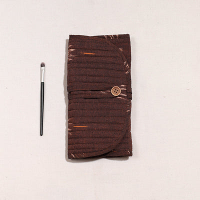 Brown - Ikat Fabric Multipurpose Segmented Make-up Brush Wrap Pouch/Case