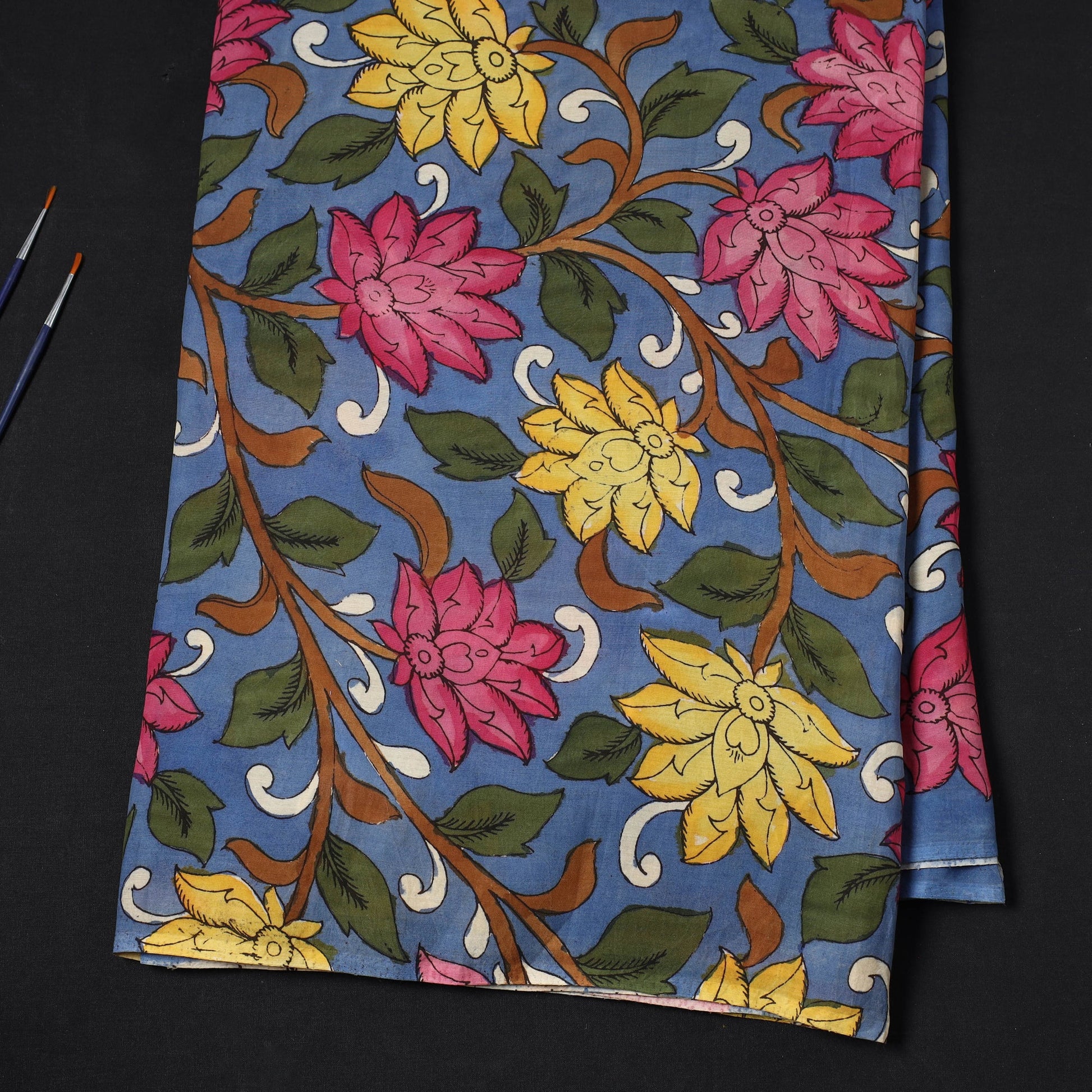 Blue - Bangalore Silk Srikalahasti Pen Kalamkari Fabric 11