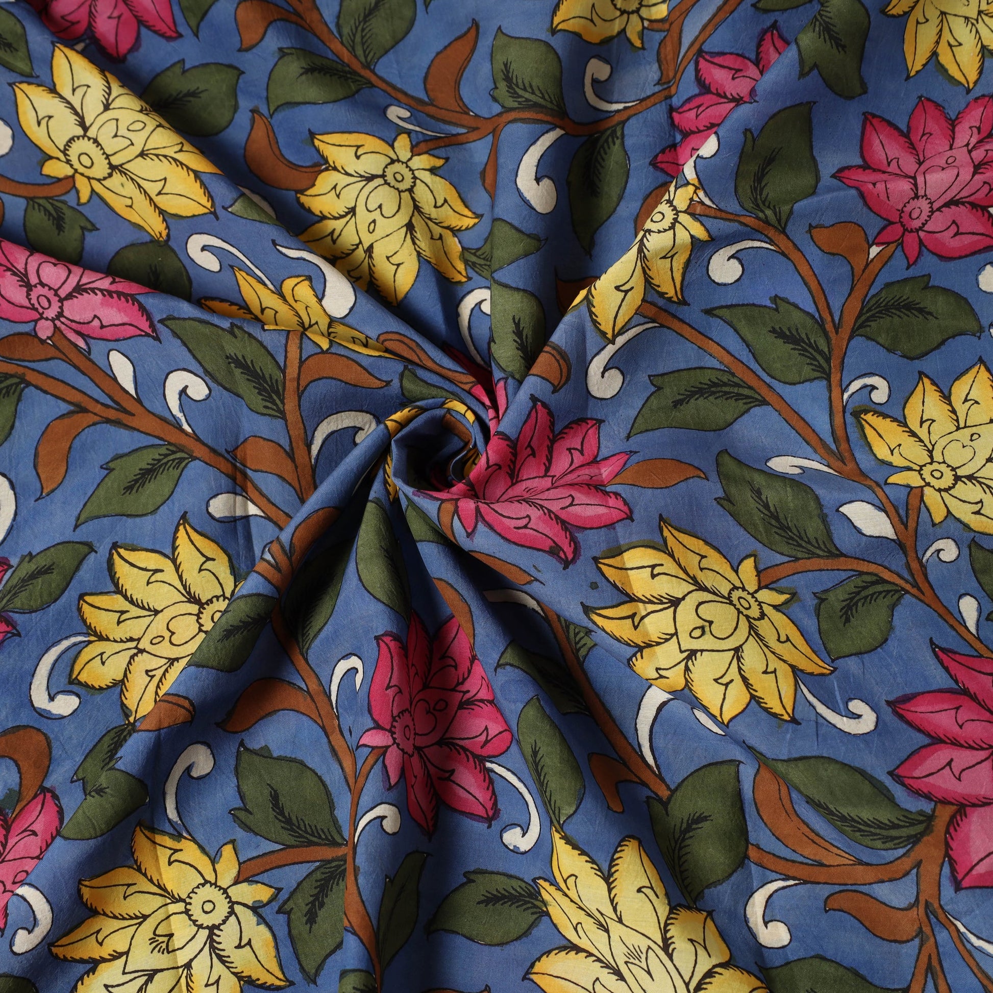 Blue - Bangalore Silk Srikalahasti Pen Kalamkari Fabric 11