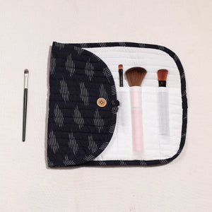 Black - Ikat Fabric Multipurpose Segmented Make-up Brush Wrap Pouch/Case