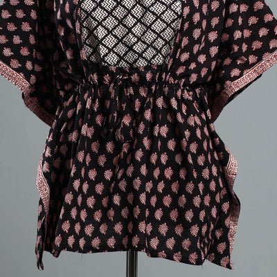 Black - Bagh Block Printed Cotton Kaftan with Tie-Up Waist (Short)