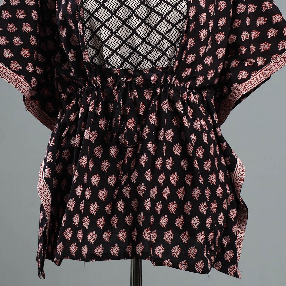 Black - Bagh Block Printed Cotton Kaftan with Tie-Up Waist (Short)