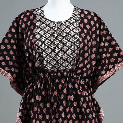 Black - Bagh Block Printed Cotton Kaftan with Tie-Up Waist (Short)