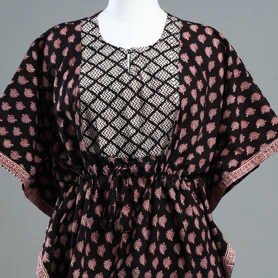 Black - Bagh Block Printed Cotton Kaftan with Tie-Up Waist (Short)