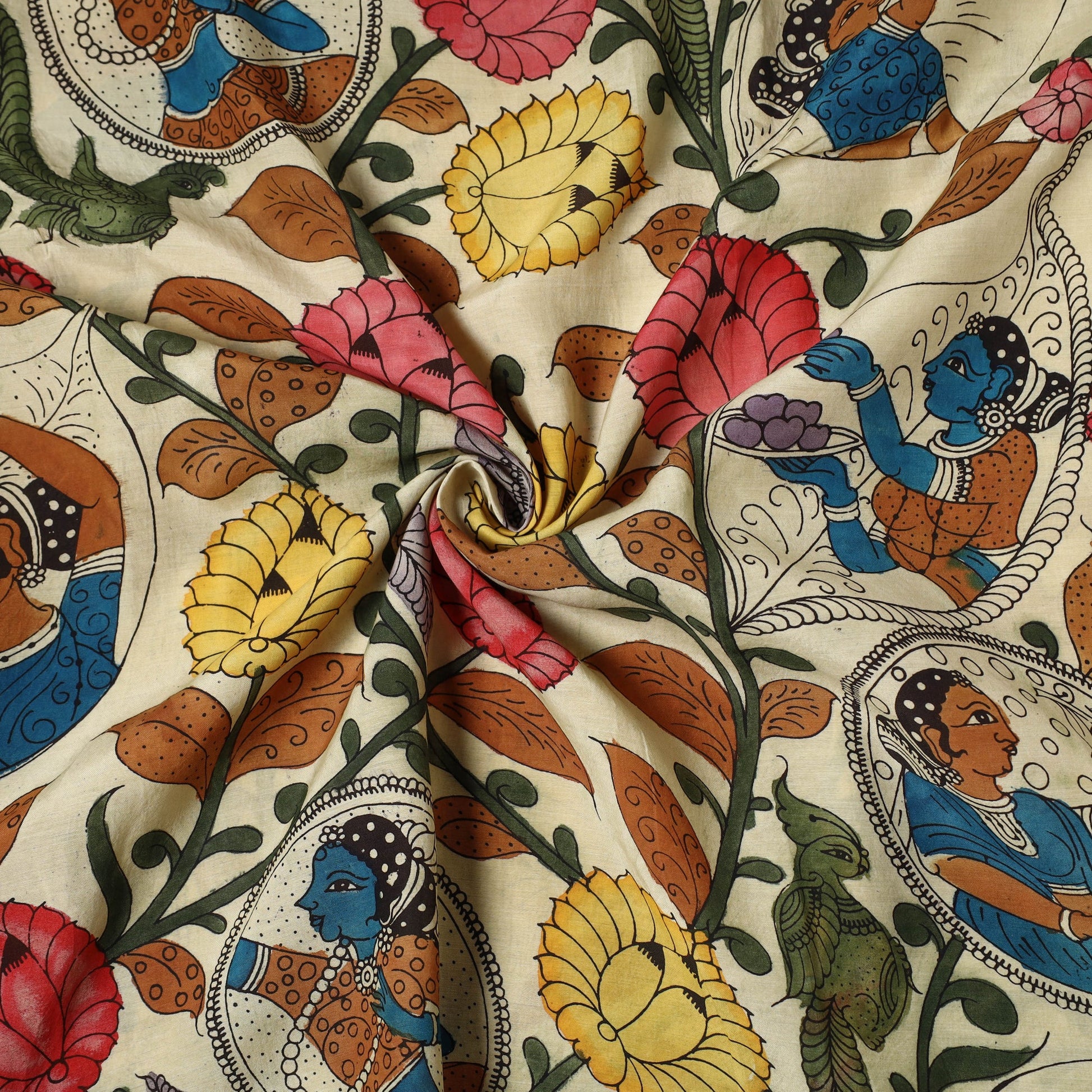 Beige - Bangalore Silk Srikalahasti Pen Kalamkari Fabric 12