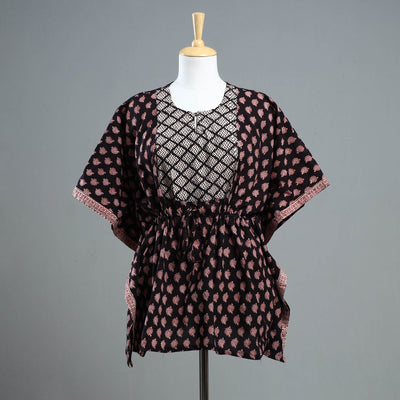Black - Bagh Block Printed Cotton Kaftan with Tie-Up Waist (Short)