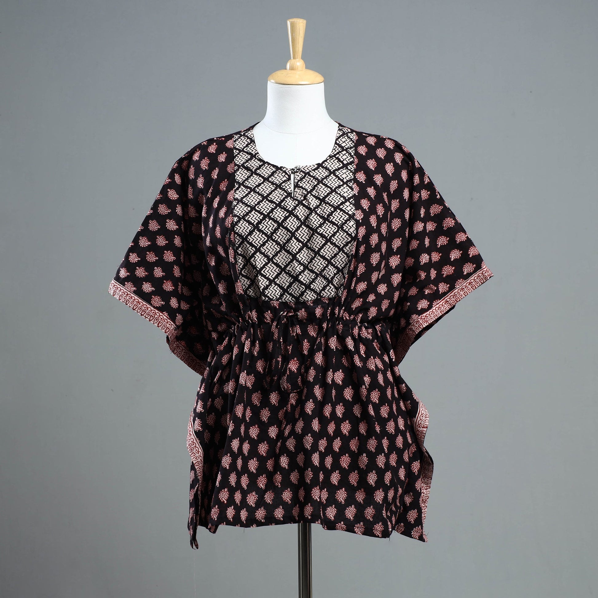 Black - Bagh Block Printed Cotton Kaftan with Tie-Up Waist (Short)