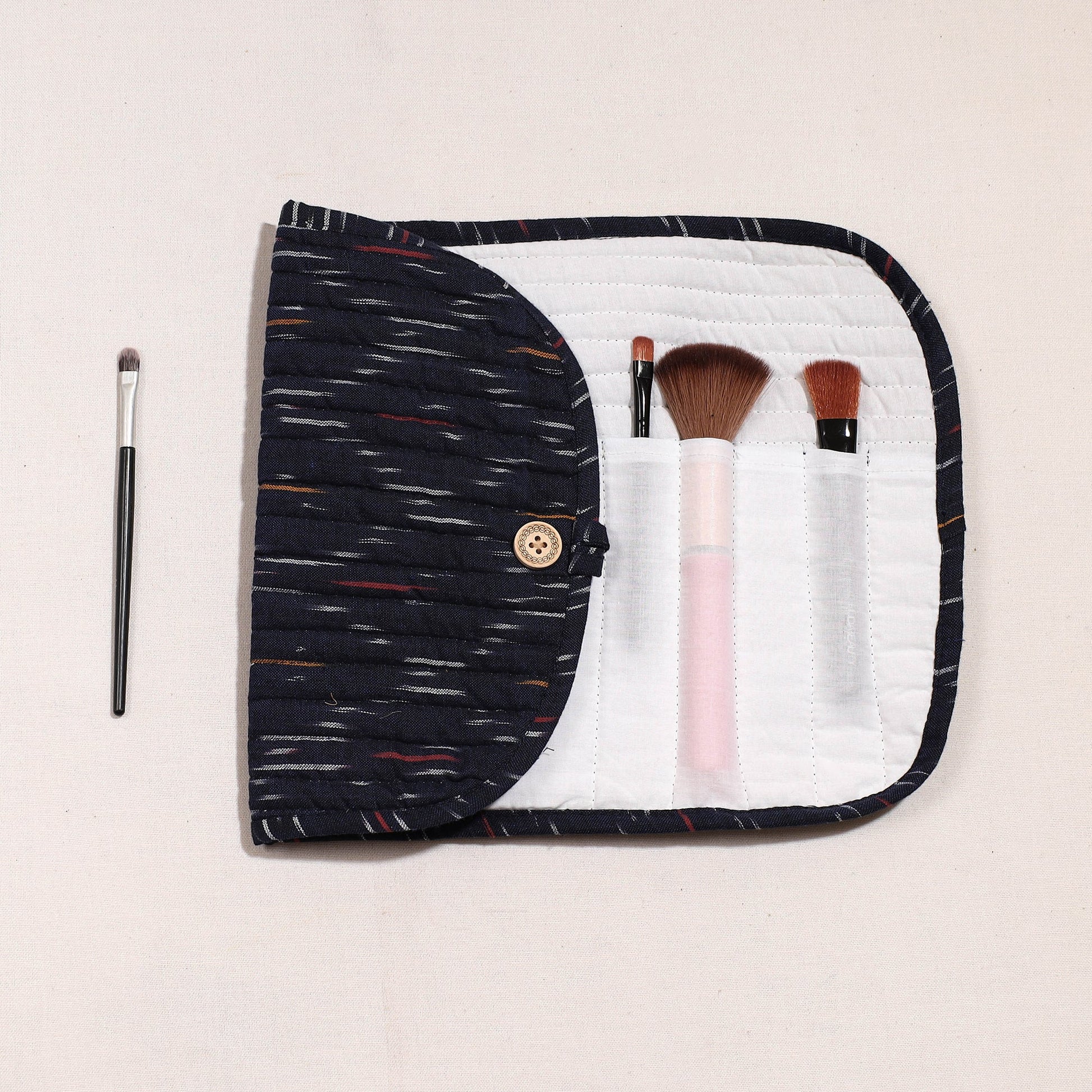 Black - Ikat Fabric Multipurpose Segmented Make-up Brush Wrap Pouch/Case