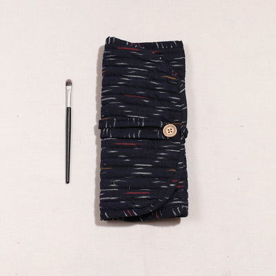 Black - Ikat Fabric Multipurpose Segmented Make-up Brush Wrap Pouch/Case