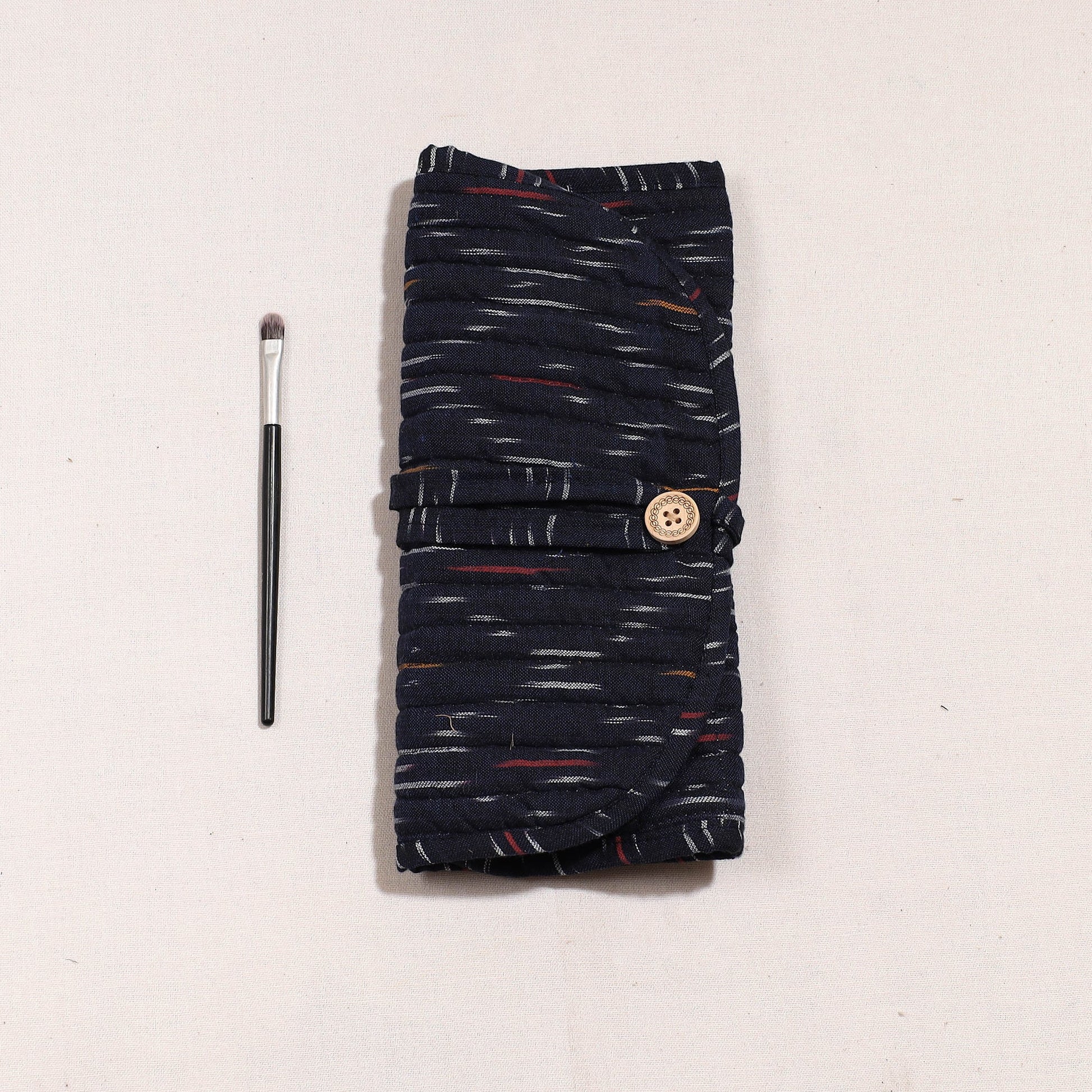 Black - Ikat Fabric Multipurpose Segmented Make-up Brush Wrap Pouch/Case