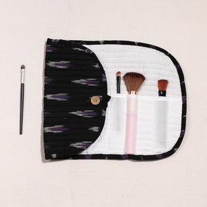 Black - Ikat Fabric Multipurpose Segmented Make-up Brush Wrap Pouch/Case