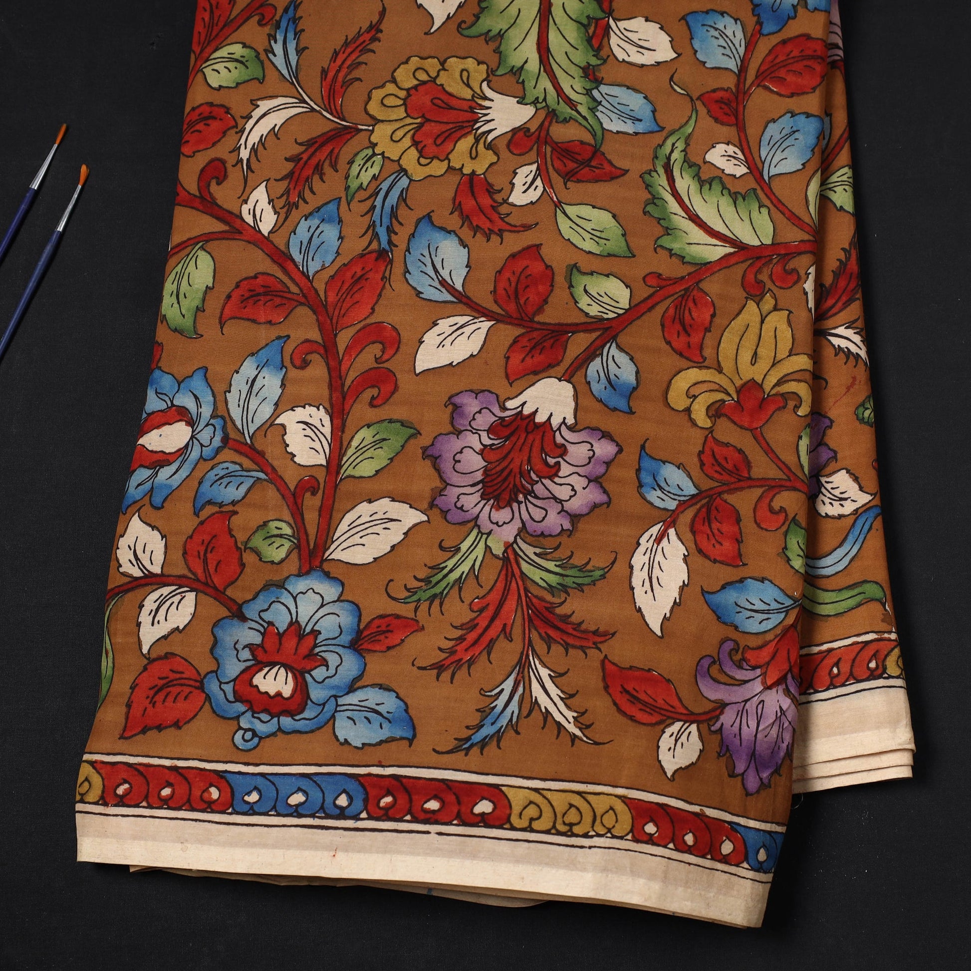 Brown -  Bangalore Silk Srikalahasti Pen Kalamkari Fabric 15