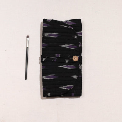 Black - Ikat Fabric Multipurpose Segmented Make-up Brush Wrap Pouch/Case