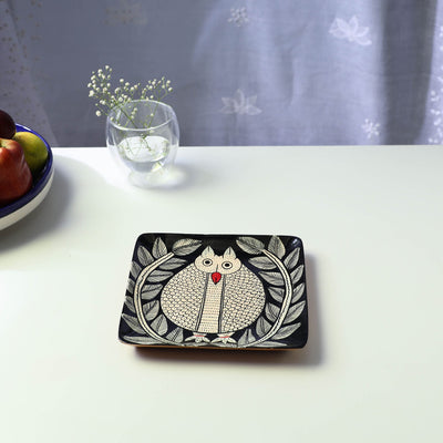 Black - Traditional Pattachitra Hand Painted Akashmoni Wooden Tray (7 x 7 in) 08