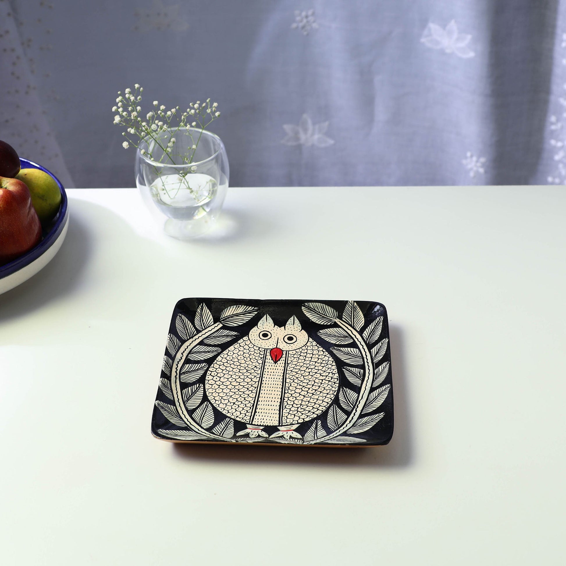Black - Traditional Pattachitra Hand Painted Akashmoni Wooden Tray (7 x 7 in) 08