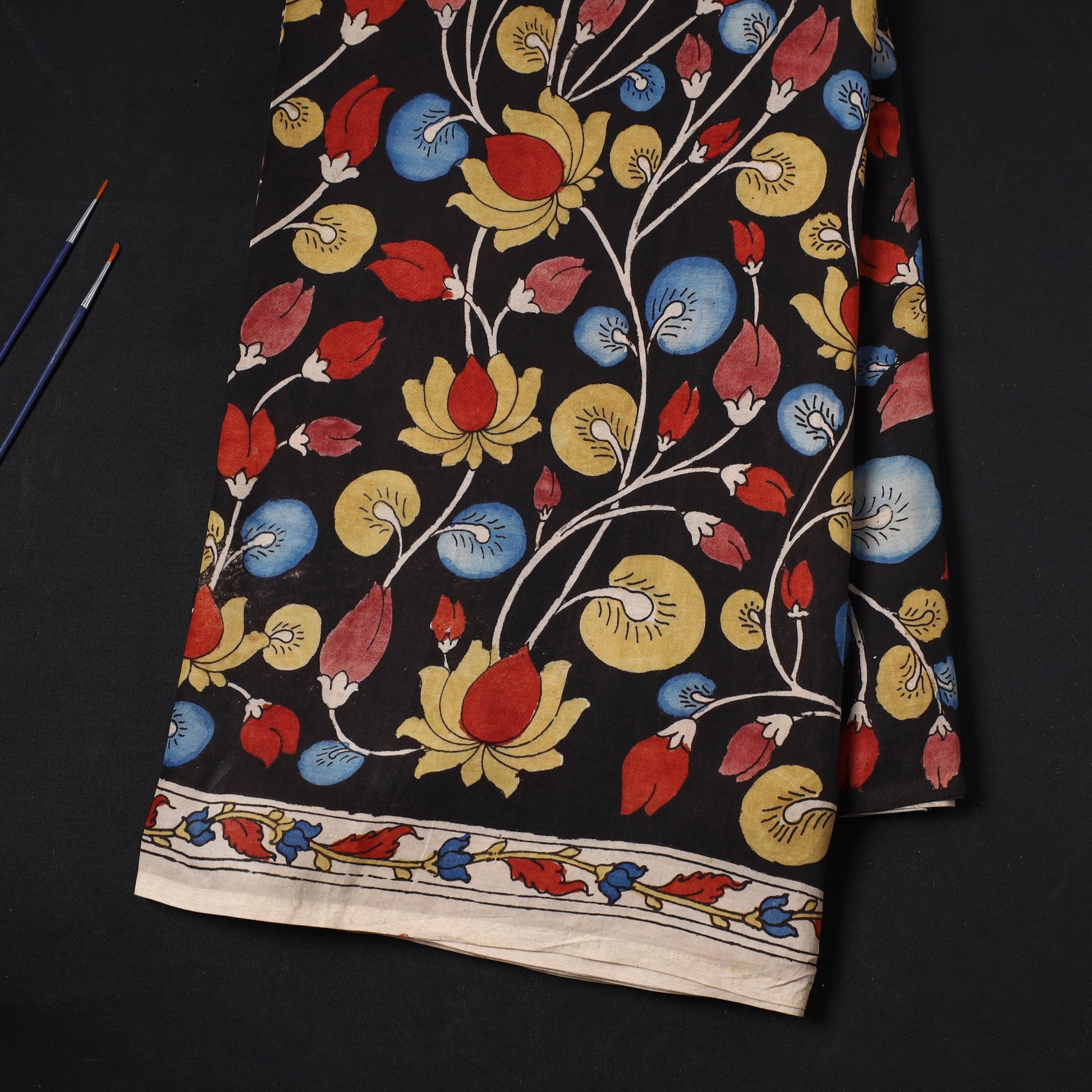 Black - Bangalore Silk Srikalahasti Pen Kalamkari Fabric 17