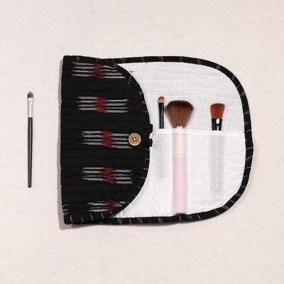 Black - Ikat Fabric Multipurpose Segmented Make-up Brush Wrap Pouch/Case