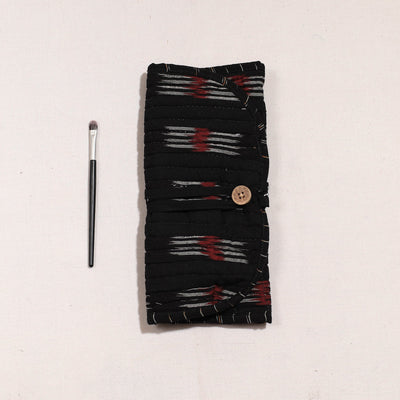 Black - Ikat Fabric Multipurpose Segmented Make-up Brush Wrap Pouch/Case