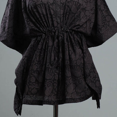 Black - Bagh Block Printed Cotton Kaftan with Tie-Up Waist (Short)
