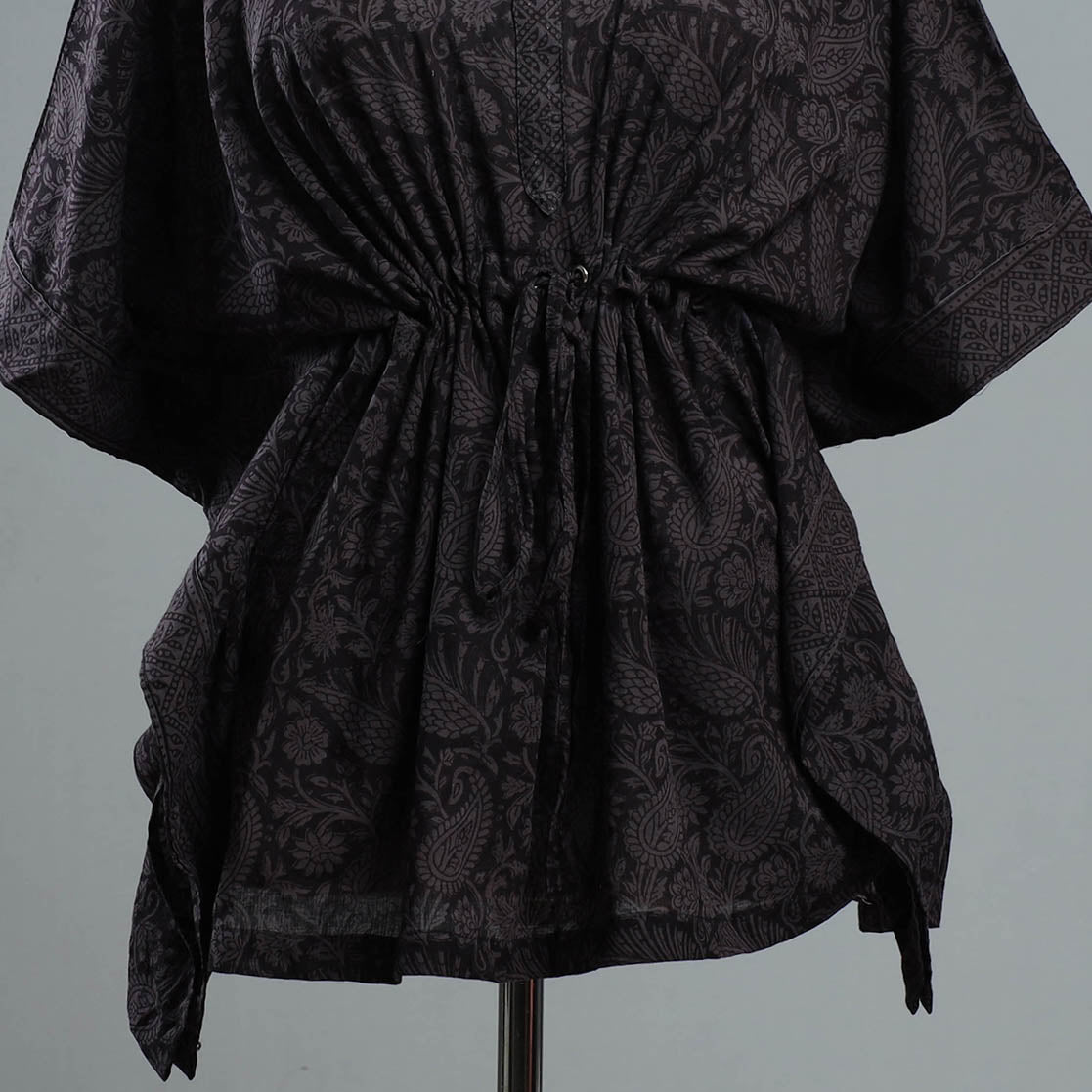 Black - Bagh Block Printed Cotton Kaftan with Tie-Up Waist (Short)