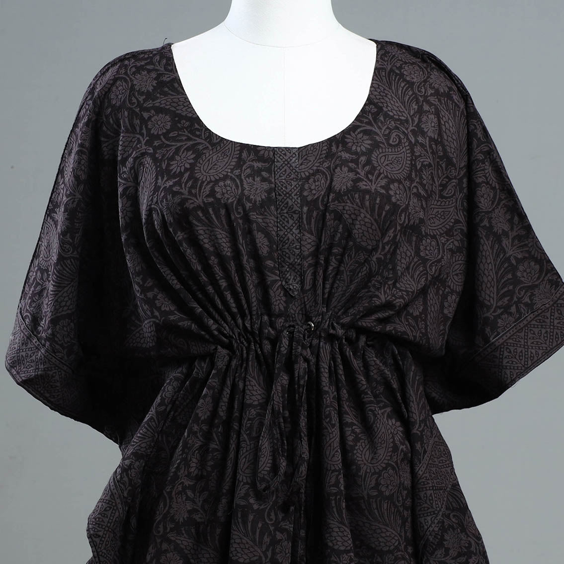 Black - Bagh Block Printed Cotton Kaftan with Tie-Up Waist (Short)