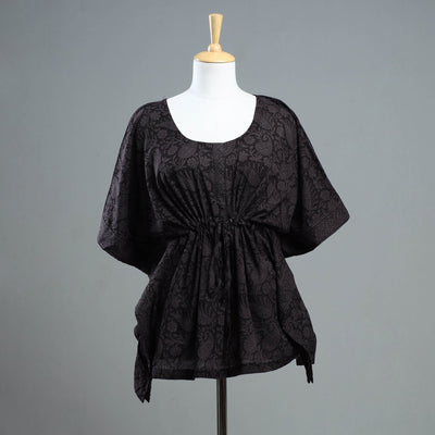Black - Bagh Block Printed Cotton Kaftan with Tie-Up Waist (Short)