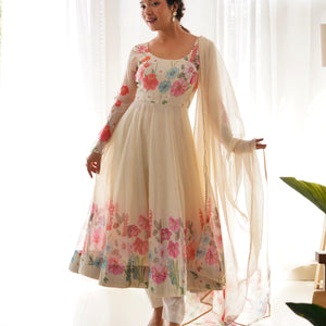 Organza Silk Hand Work Anarkali Kurti Dupatta Pant Set ( Ready to Wear)