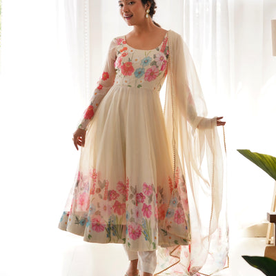 Organza Silk Hand Work Anarkali Kurti Dupatta Pant Set ( Ready to Wear)