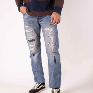 Evisu Logo Print Loose-Fit Distressed Denim Jeans