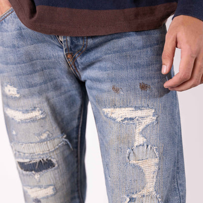 Evisu Logo Print Loose-Fit Distressed Denim Jeans