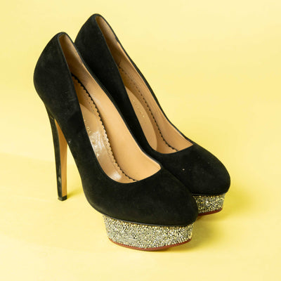 Charlotte Olympia Black Suede Sequin Pumps