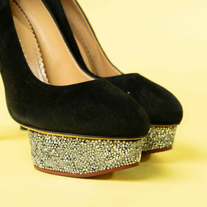 Charlotte Olympia Black Suede Sequin Pumps
