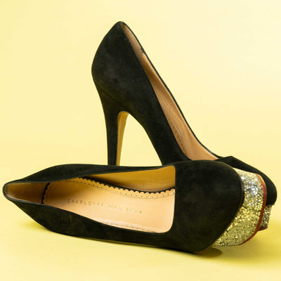 Charlotte Olympia Black Suede Sequin Pumps