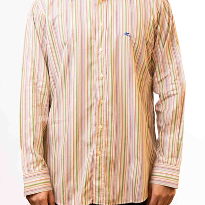 Etro Milano Men's Green Vertical Striped Logo Shirt