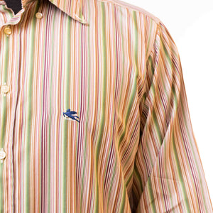 Etro Milano Men's Green Vertical Striped Logo Shirt