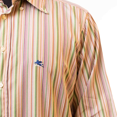 Etro Milano Men's Green Vertical Striped Logo Shirt