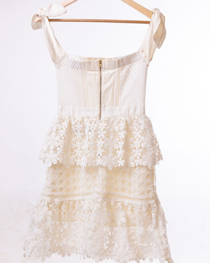 Self-Portrait White Floral Guipure Lace Off-Shoulder Mini Dress