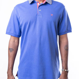 Hackett London Polo Blue Shirt With Striped Collar In Navy/White