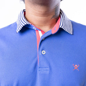Hackett London Polo Blue Shirt With Striped Collar In Navy/White