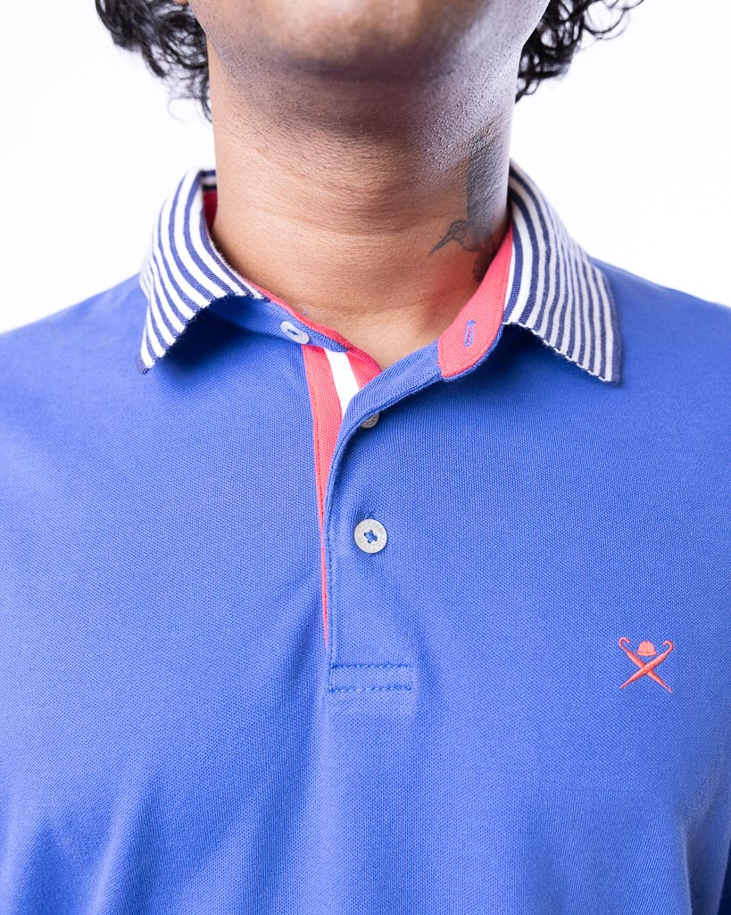Hackett London Polo Blue Shirt With Striped Collar In Navy/White