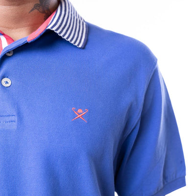 Hackett London Polo Blue Shirt With Striped Collar In Navy/White