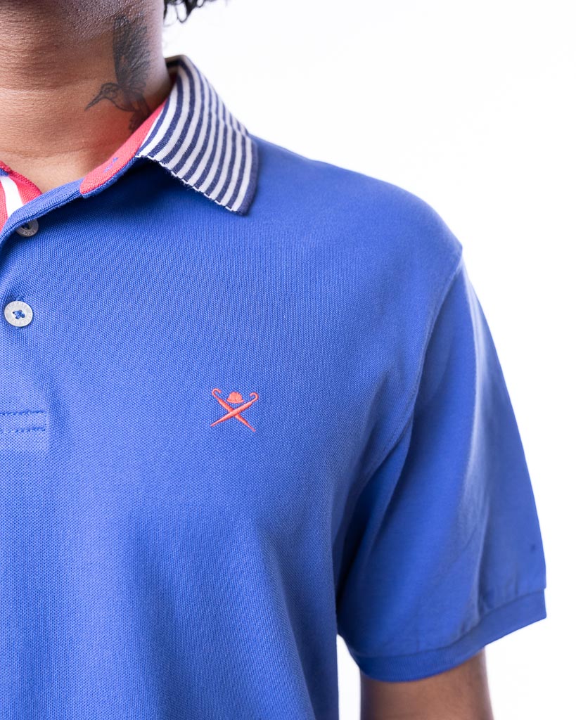 Hackett London Polo Blue Shirt With Striped Collar In Navy/White