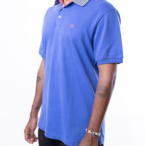 Hackett London Polo Blue Shirt With Striped Collar In Navy/White