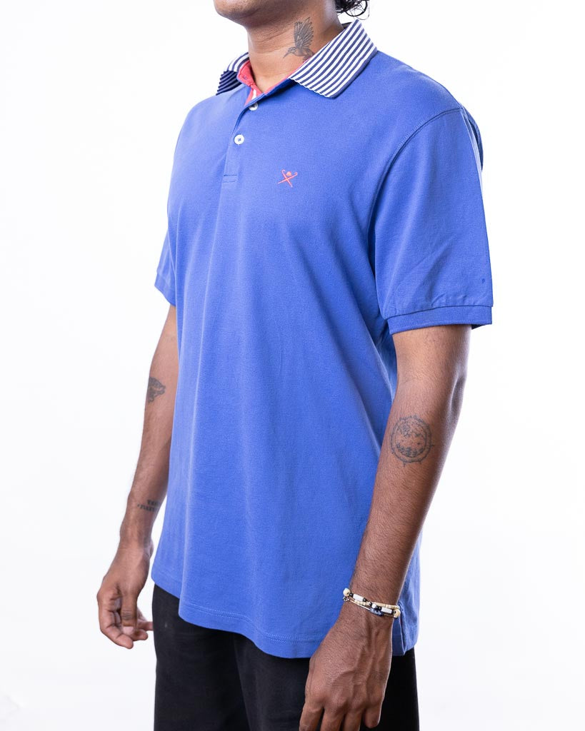Hackett London Polo Blue Shirt With Striped Collar In Navy/White