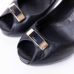 Fendi Brown Zucca Canvas And Black Leather Peep Toe Platform Pumps